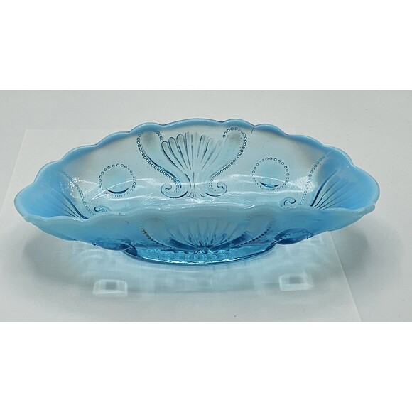 Beautiful Vintage Jefferson Glass Jewel & Fan Blue Opalescent 8.75" Pickle Dish - Picture 11 of 16